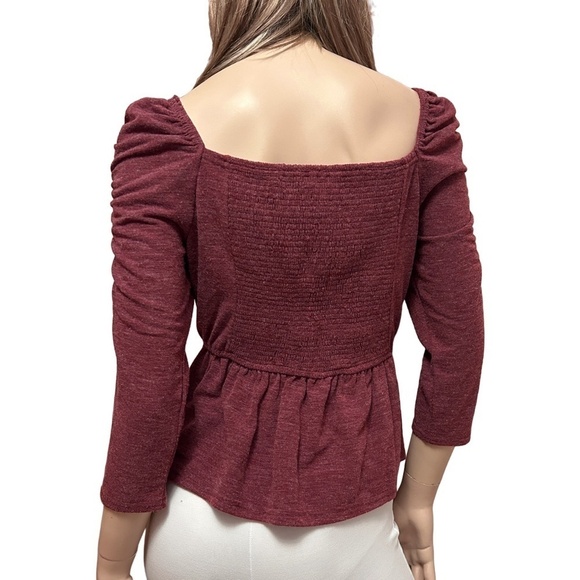 Anthropologie Moon River Peplum Top Blouse Heather Burgundy Ruched Shirred Back - Picture 8 of 16